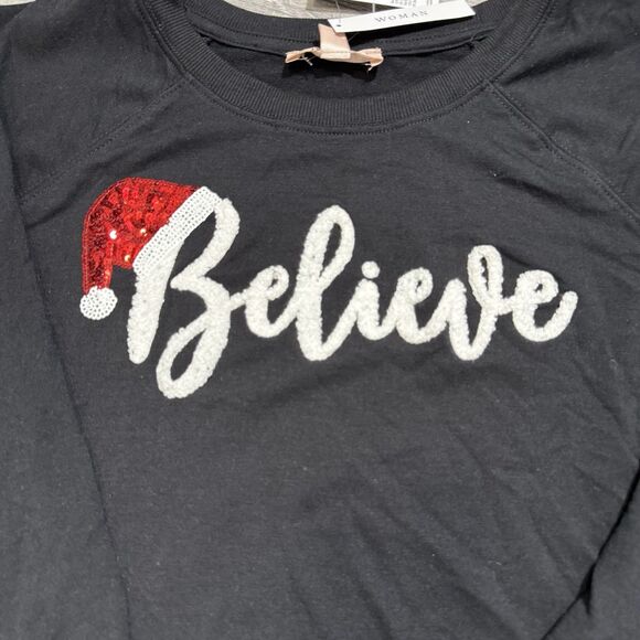 Philosophy Believe Santa Hat fur Sequin black Sweatshirt Cozy Winter NWT $68 2X - Picture 3 of 6